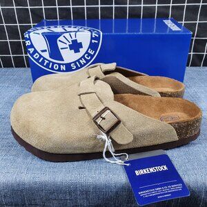 Birkenstock Boston taupe suede mule clogs